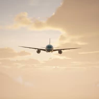 Aircraft flying at sunrise, illustrating Sabena technics’ aeronautical maintenance services
