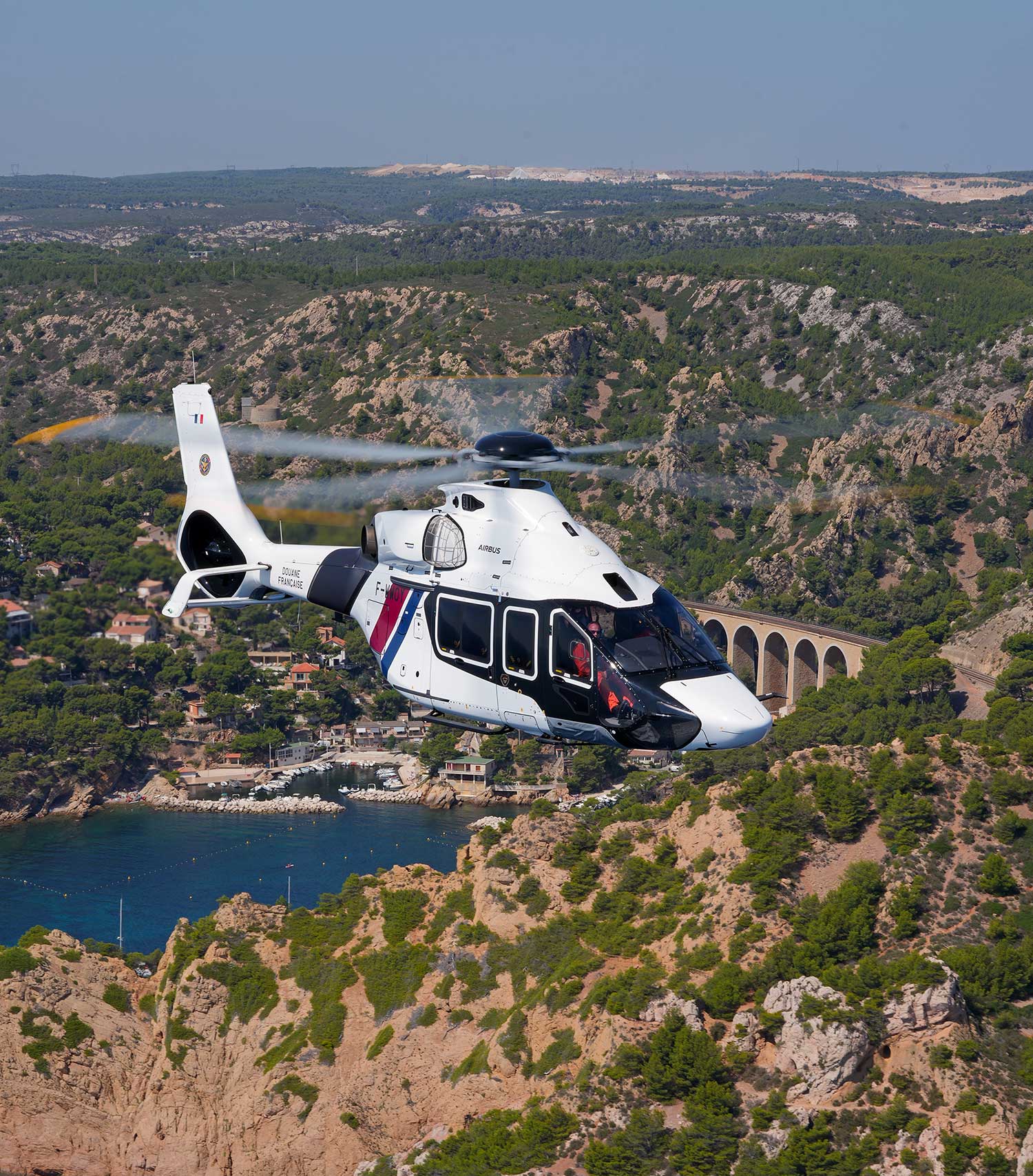 French Customs H160 helicopter flying over the coast during a surveillance mission, as part of a maintenance project carried out by Sabena technics